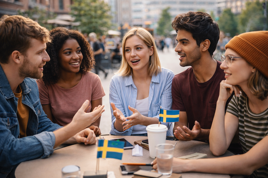 Unga människor engagerade i ett demokratiskt samtal runt ett bord, där de diskuterar och lyssnar på varandra i en social miljö.
